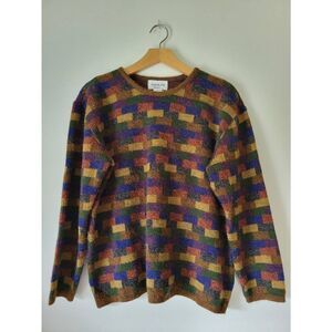 Vintage Adolfo Sport Sweater Large Multicolor Geometric Knit Wool Blend 90s Text